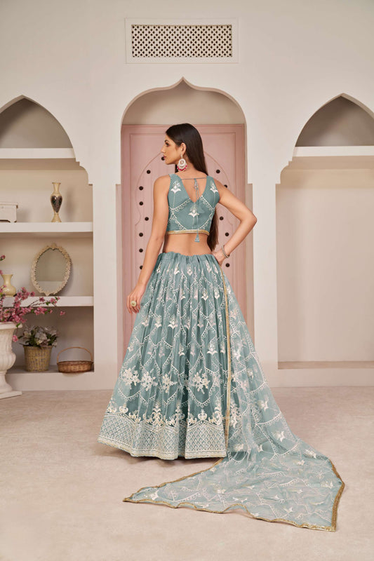 Blue Embroidered Net Lehenga Choli With Dupatta