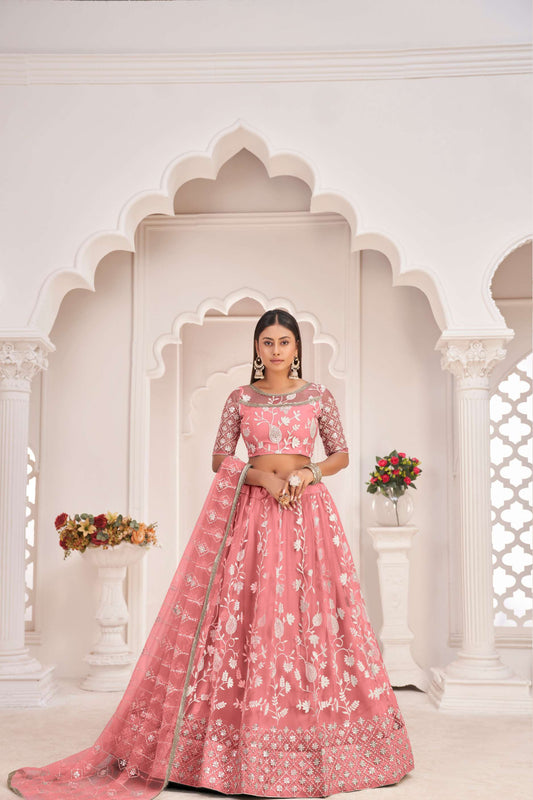 Pink Traditional Embroidered Net Lehenga Choli