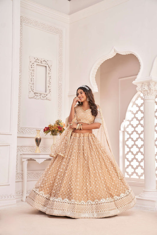 Beige Sequins Embroidered Net Lehenga Choli