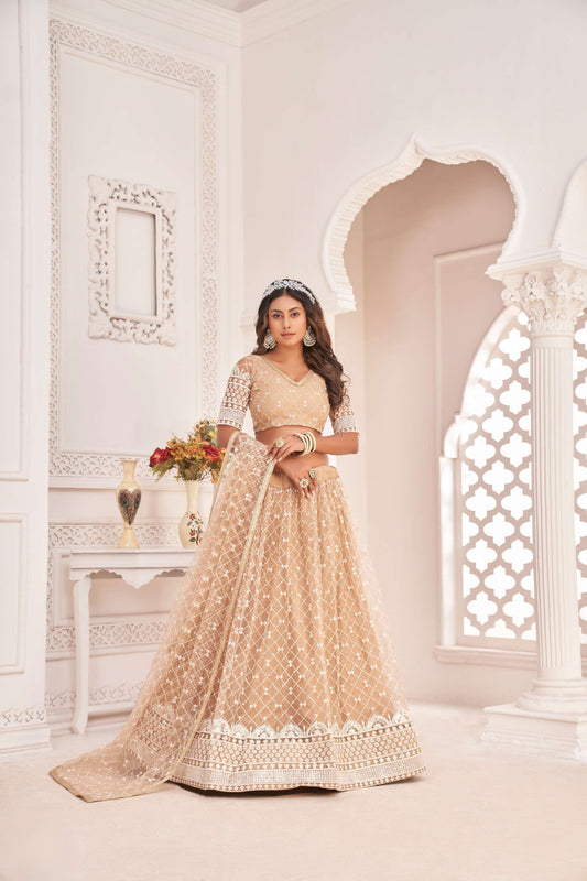 Beige Sequins Embroidered Net Lehenga Choli
