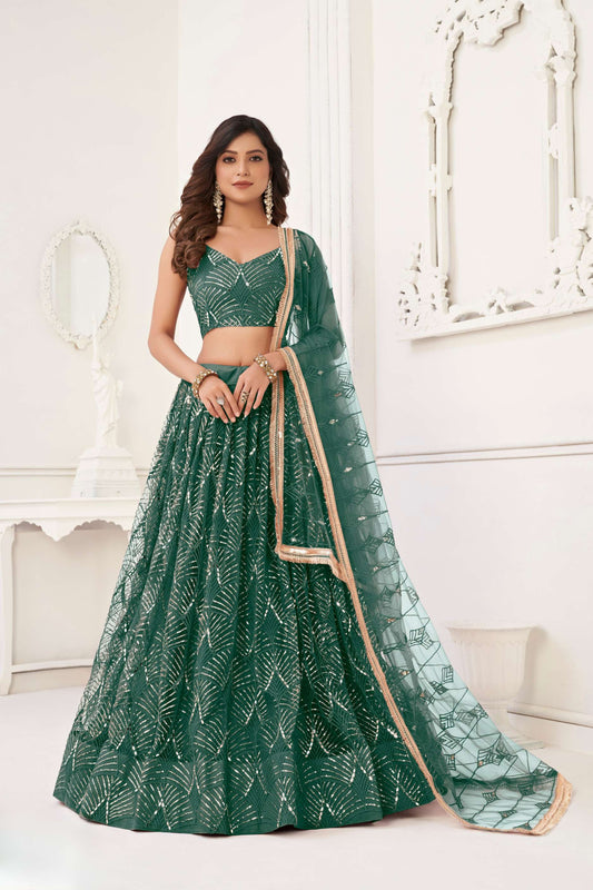 Bottle Green Sequins Work Lehenga Choli in Net