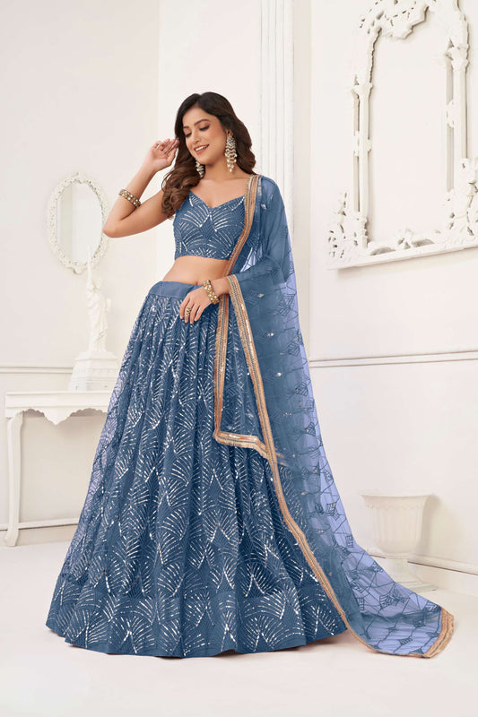 Blue Sequins Embellished Net Lehenga Choli & Dupatta