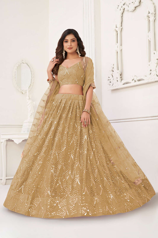 Beige Golden Sequin Embellished Net Lehenga Choli