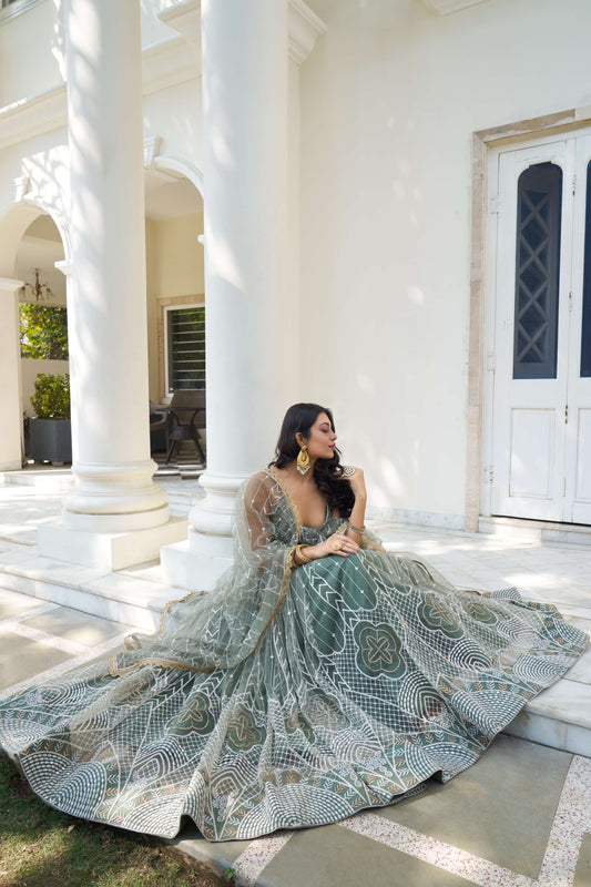 Dusty Green Embroidered Net Lehenga Choli