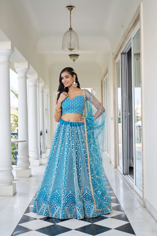 Blue Thread Embroidery Net Lehenga Choli