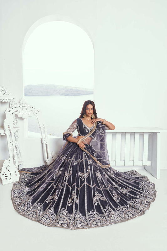 Slate Grey Net Lehenga Choli In Embroidery
