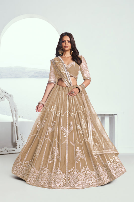 Beige Embroidered Net Lehenga Choli