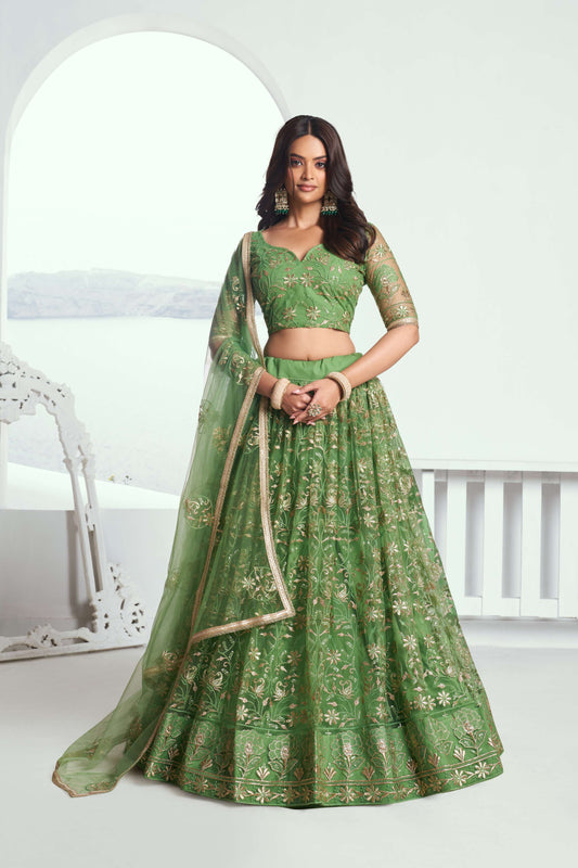 Pista Green Embroidered Party wear Lehenga Choli
