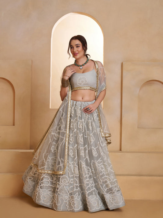 Grey Embroidered Beads & Hand Work Semi-Stitched Lehenga & Unstitched blouse with Dupatta