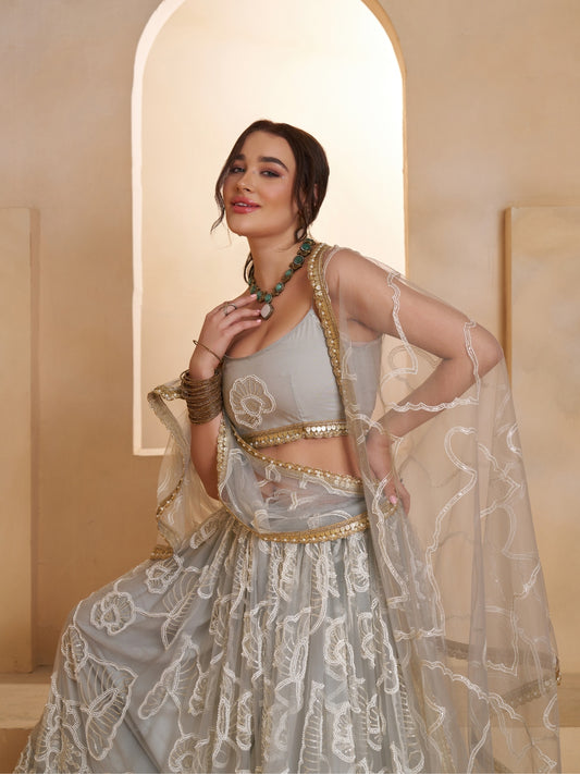 Grey Embroidered Beads & Hand Work Semi-Stitched Lehenga & Unstitched blouse with Dupatta