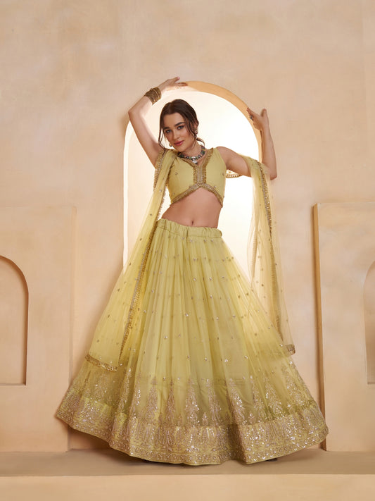 Yellow Embroidered Beads & Hand Work Semi-Stitched Lehenga & Unstitched blouse with Dupatta