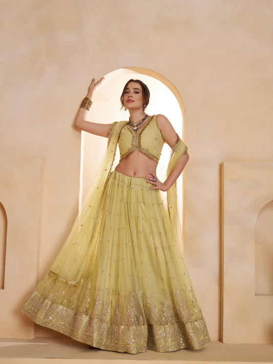 Yellow Embroidered Beads & Hand Work Semi-Stitched Lehenga & Unstitched blouse with Dupatta