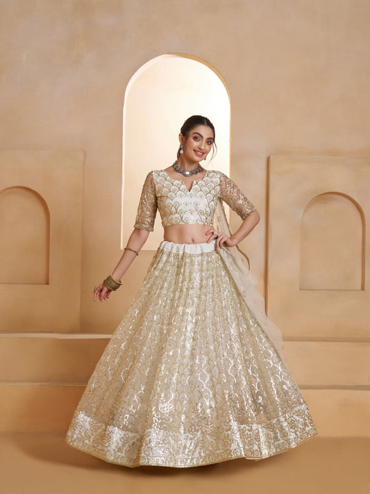 Off-White Embroidered Beads & Hand Work Semi-Stitched Lehenga & Unstitched blouse with Dupatta