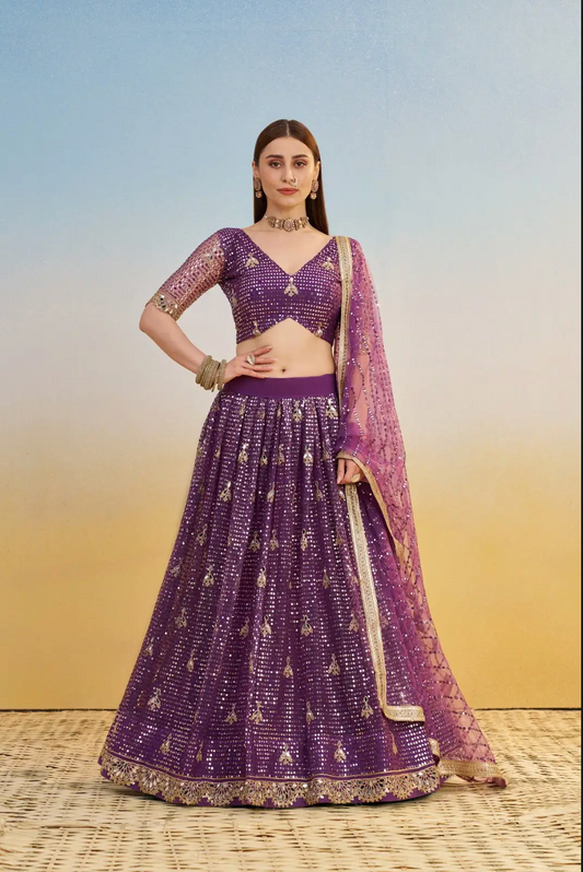 Purple Embroidered Lehenga Choli in Net