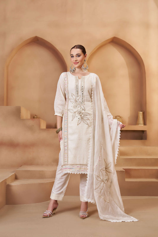 Off-White Bombay Cotton Embroidered Salwar Suit