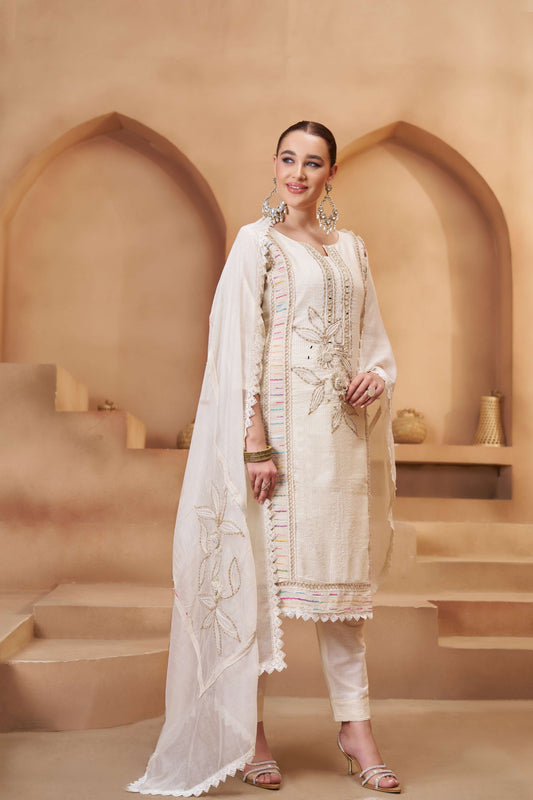 Off-White Bombay Cotton Embroidered Salwar Suit