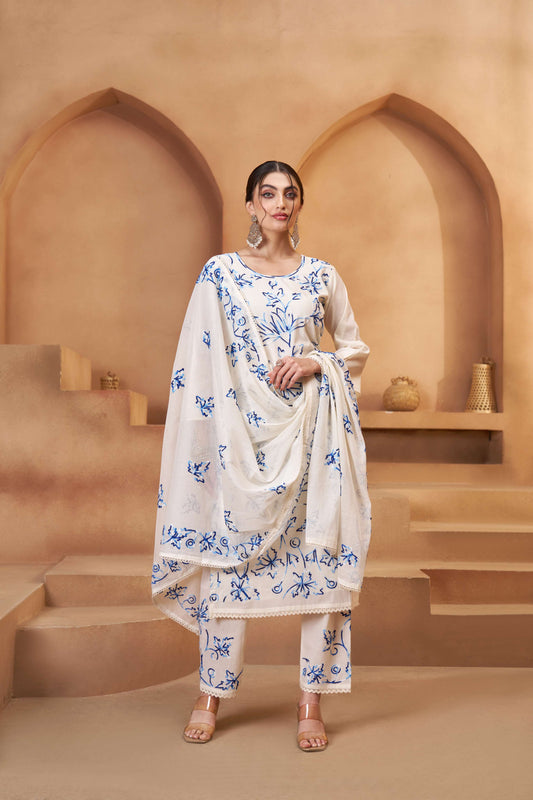 Off-White & Blue Bombay Cotton Thread Embroidered Salwar Suit