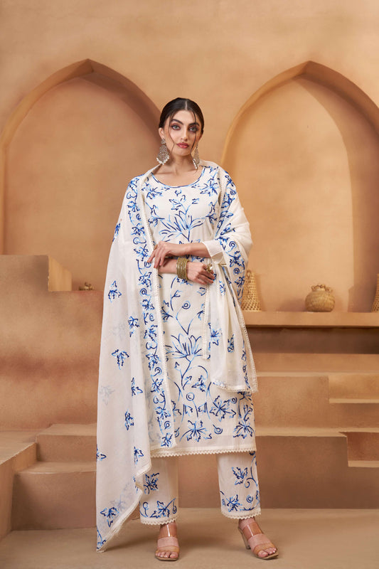 Off-White & Blue Bombay Cotton Thread Embroidered Salwar Suit