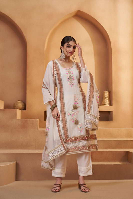 Off-White & Brown Bombay Cotton Embroidered Salwar Suit