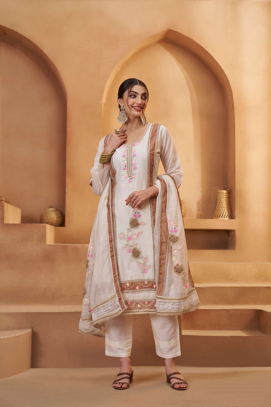 Off-White & Brown Bombay Cotton Embroidered Salwar Suit