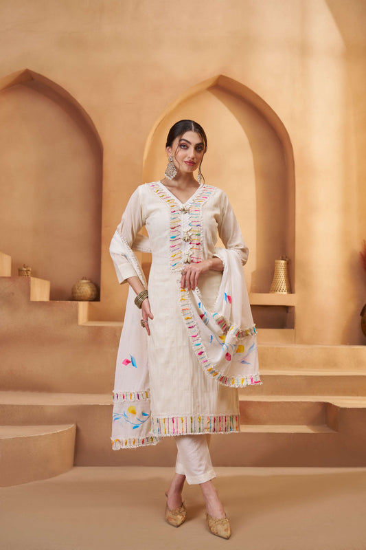 Off-White & Multi Color Bombay Cotton Embroidered Salwar Suit
