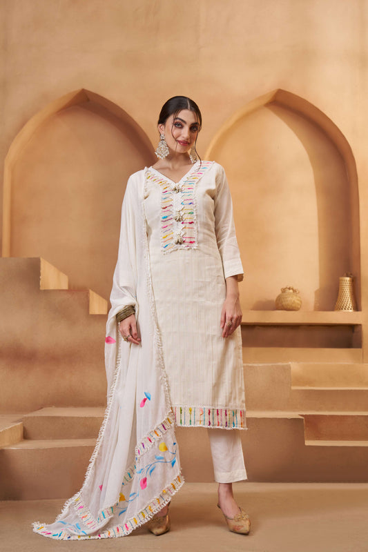 Off-White & Multi Color Bombay Cotton Embroidered Salwar Suit
