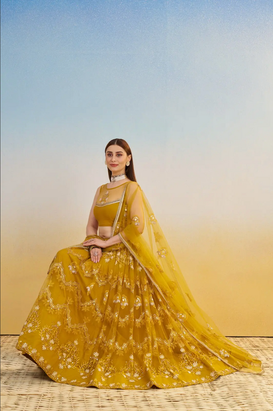 Yellow Net Lehenga Choli in Sequins Embroidery