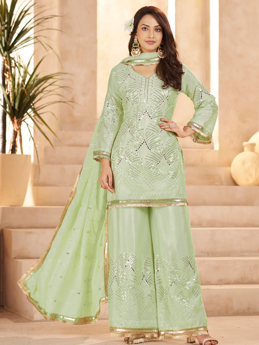 Lime Green Ethnic Motifs Regular Mirror Work with Sharara & Dupatta
