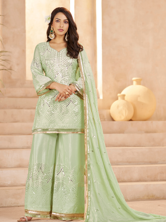 Lime Green Ethnic Motifs Regular Mirror Work with Sharara & Dupatta