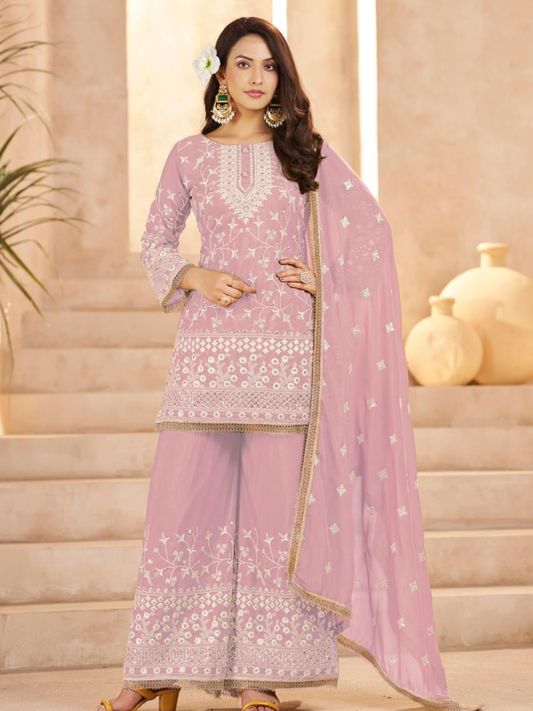 Pink Ethnic Embroidered & Sequinned Kurta with Sharara & Dupatta