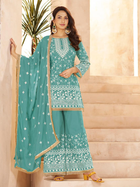 Aqua Blue Ethnic Embroidered & Sequinned Kurta with Sharara & Dupatta