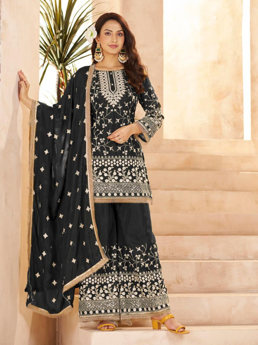 Black Ethnic Embroidered & Sequinned Kurta with Sharara & Dupatta