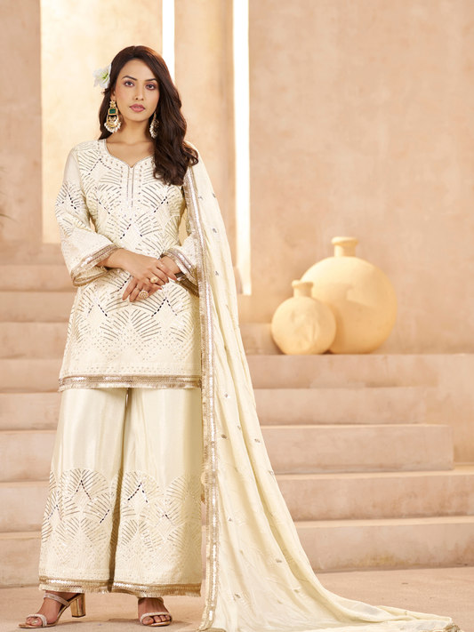 Off-White Ethnic Motifs Regular Mirror Work with Sharara & Dupatta