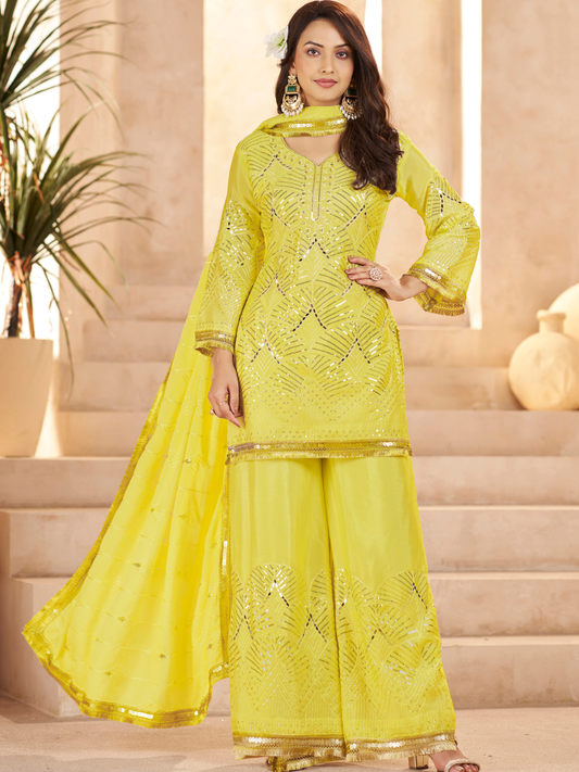 Yellow Ethnic Motifs Regular Mirror Work with Sharara & Dupatta