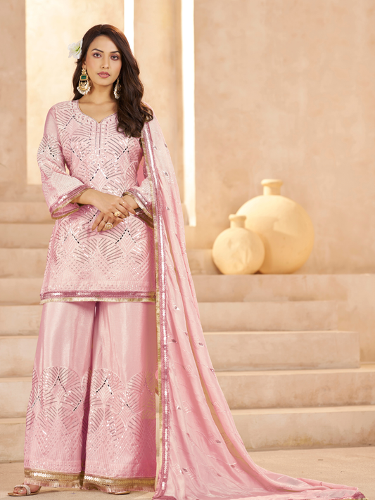 Pink Ethnic Motifs Regular Mirror Work with Sharara & Dupatta