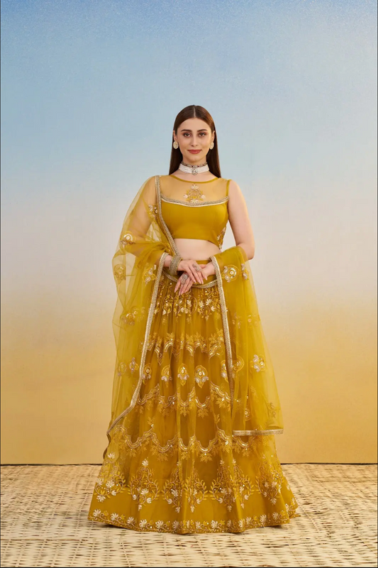 Yellow Net Lehenga Choli in Sequins Embroidery