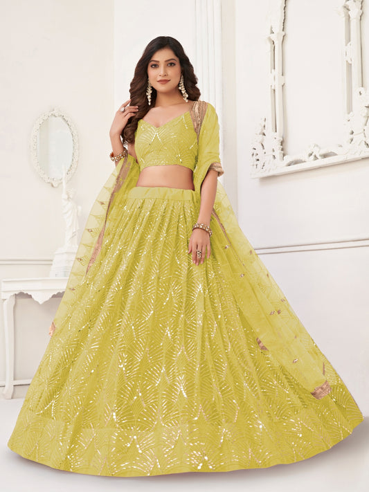 Lemon Embroidered Semi-Stitched Lehenga & Unstitched Choli with Dupatta