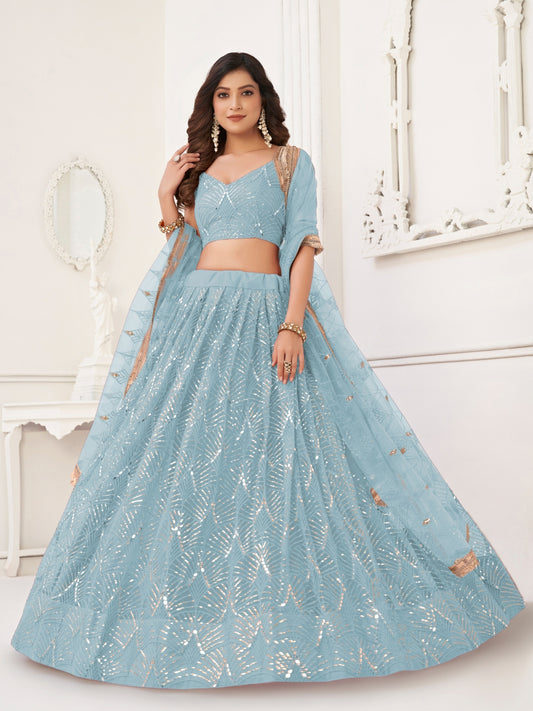 Sky Blue Sequins Semi Stiched Lehenga & Unstitched Choli with Dupatta