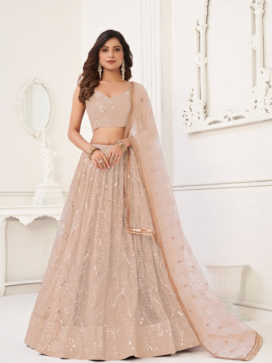 Peach Embroidered Semi-Stitched Lehenga & Unstitched Choli with Dupatta
