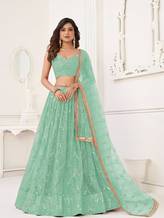Lime Green Sequins Semi Stiched Lehenga & Unstitched Choli with Dupatta