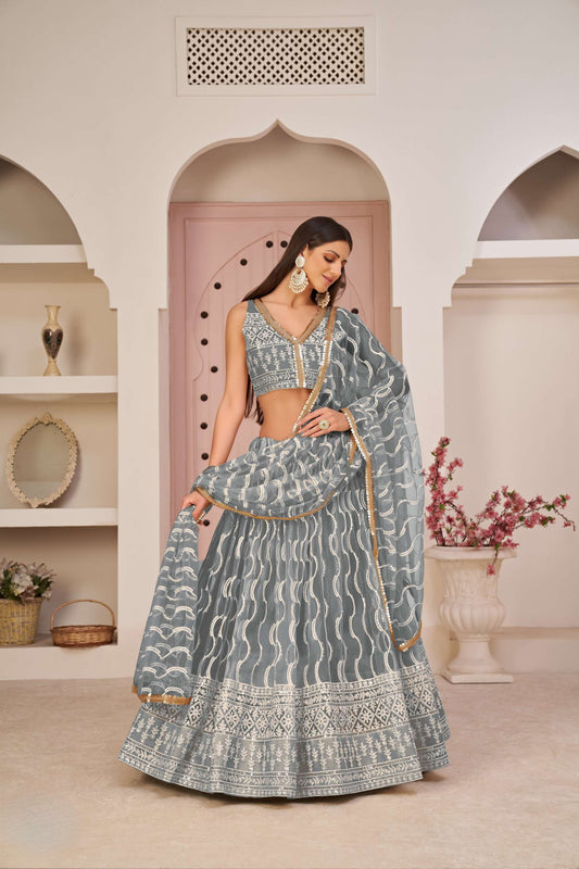 Grey Net Sequins Embellished Lehenga Choli