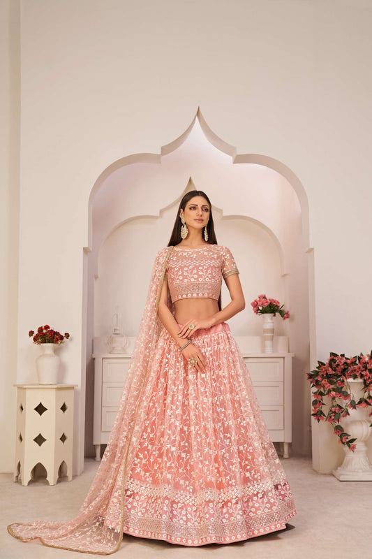 Pink Flared Lehenga Choli with Thread Embroidery