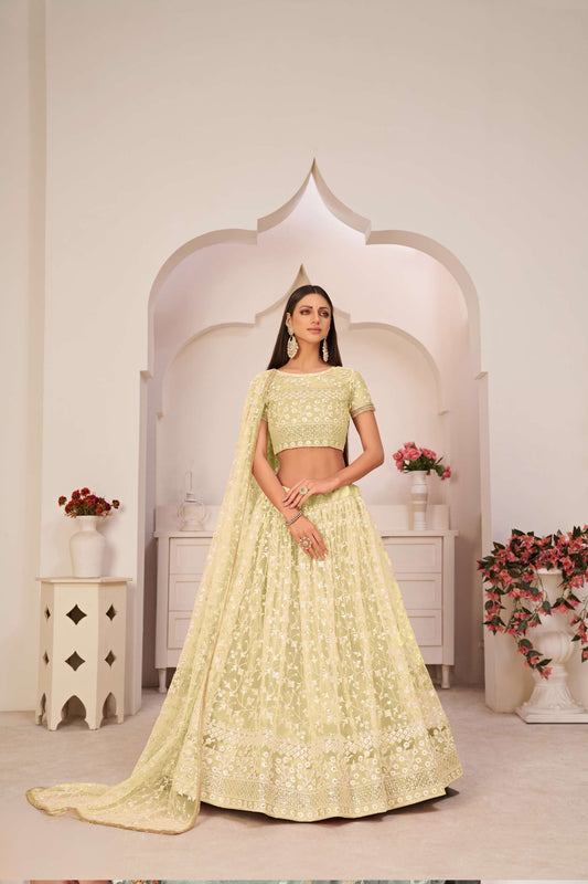 Lemon Yellow Flared Lehenga Choli With Thread Embroidery