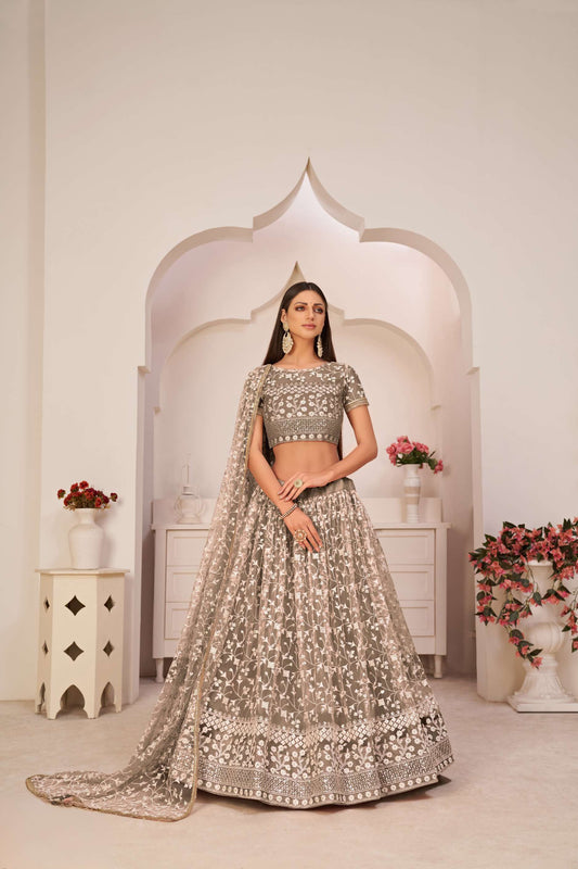 Brown Flared Lehenga Choli with Thread Embroidery