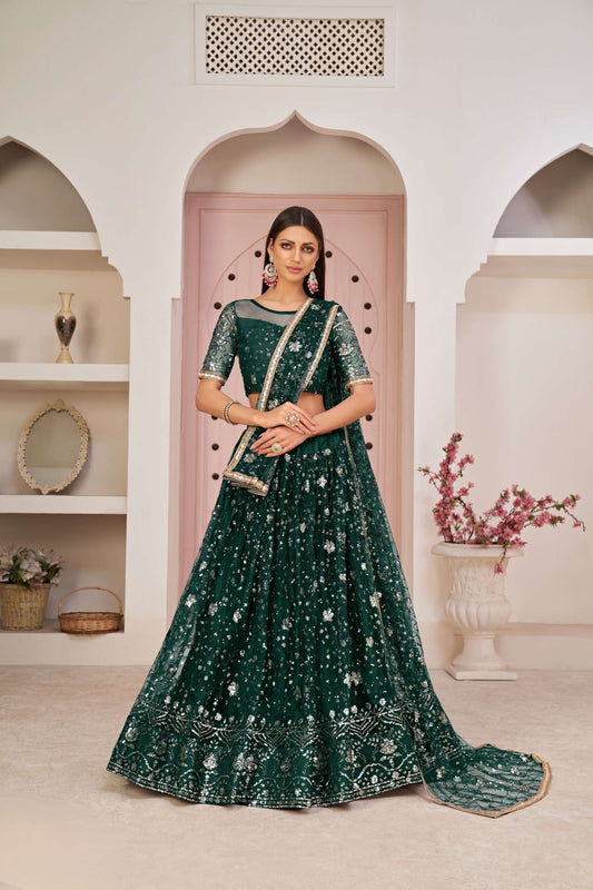 Dark Green Sequined Party wear Lehenga Choli