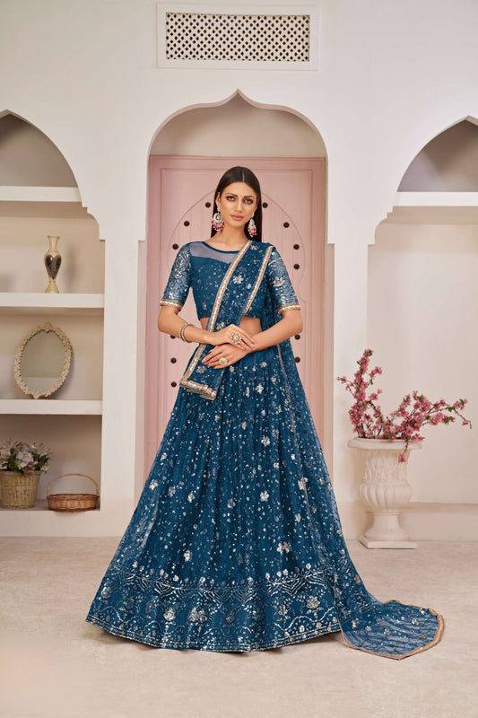 Royal Blue Sequined Lehenga Choli in Net