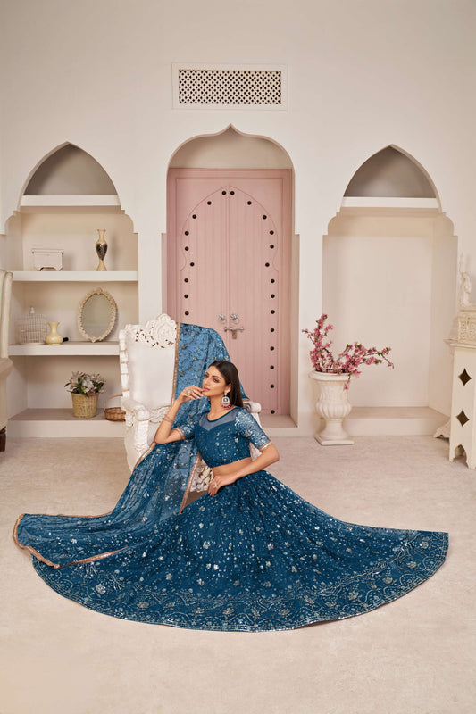 Royal Blue Sequined Lehenga Choli in Net