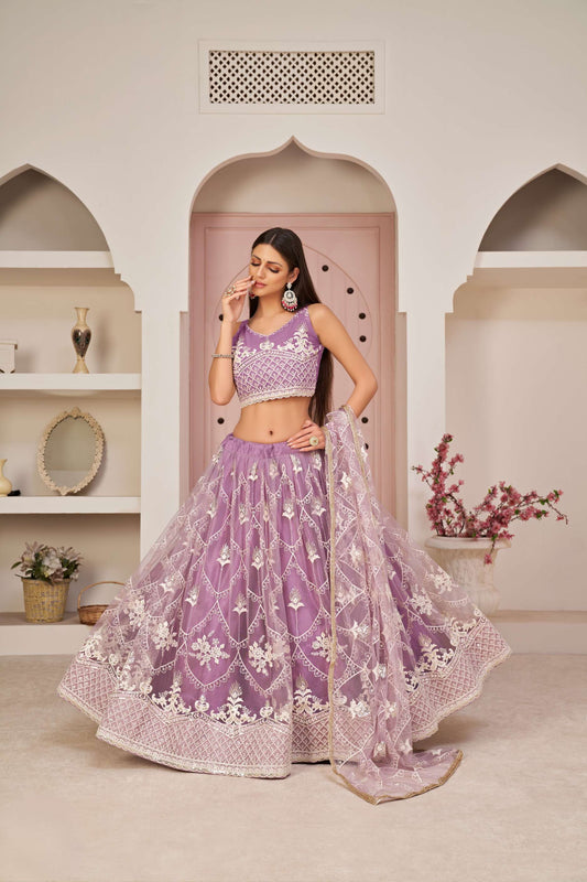 Lavender Embroidered Lehenga & Choli in Net