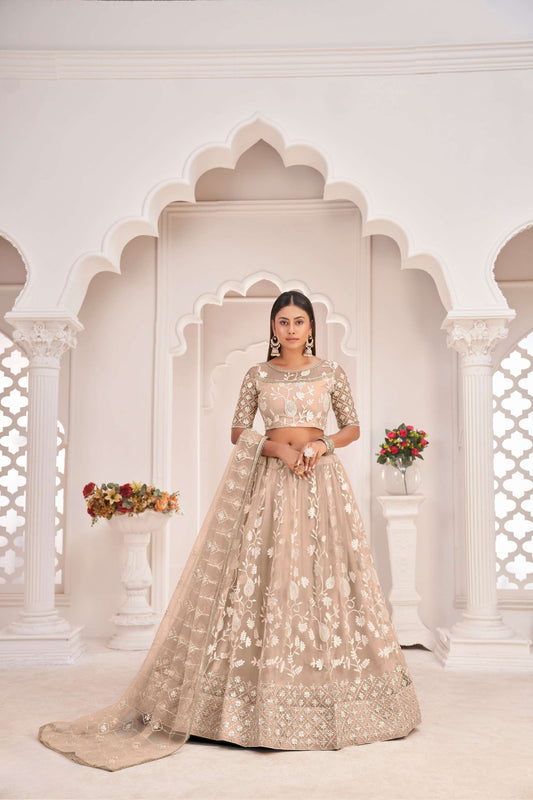 Beige Net Lehenga Choli in Sequins Embroidery