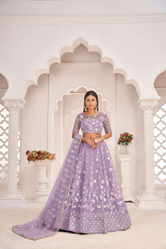 Lavender Traditional Embroidered Net Lehenga Choli